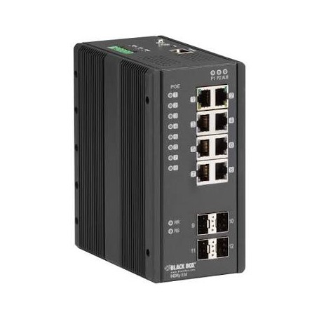 Black Box LIE1014A Industrial 12-Port Managed Gigabit PoE+ Switch, 4 SFP Slots