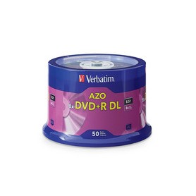 Verbatim 97000 DVD+R DL: 8.5GB, 8x speed, spindle pack containing 50 recordable double-layer discs.